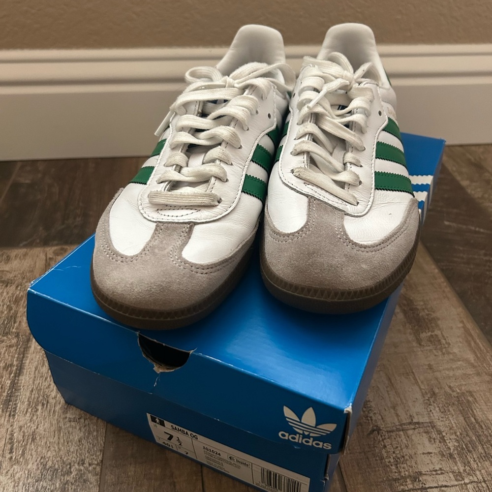 adidas Samba White and Green Suede Athletic Shoes